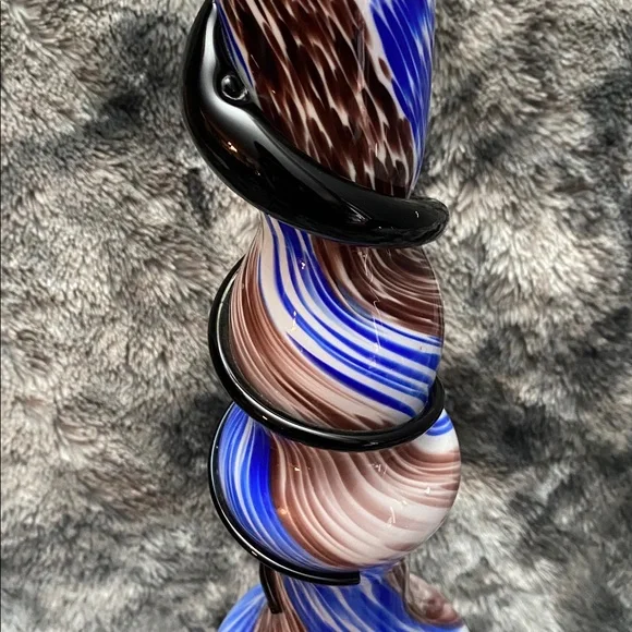 TALL Blown Glass Abstract Art
Vase Blue Brown Swirl Colors Black glass band - Picture 4 of 16